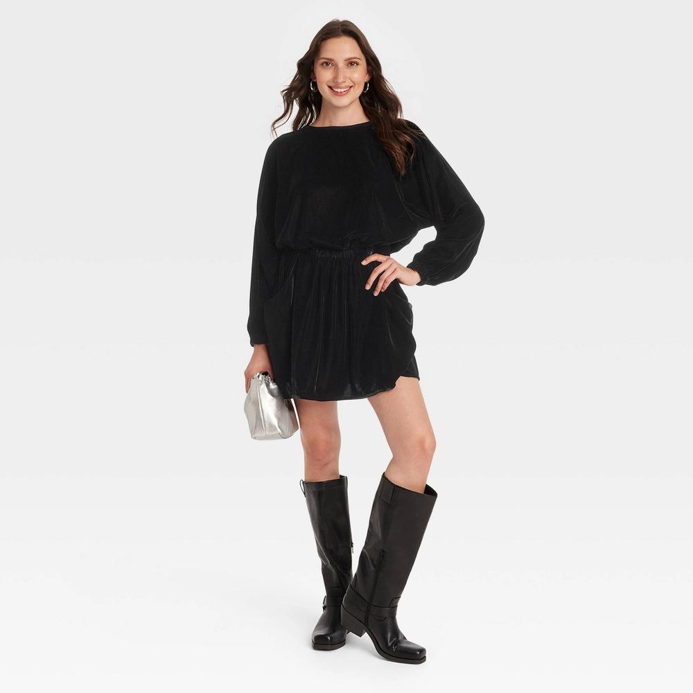 Women's Long Sleeve Velvet Mini A-Line Dress - Universal Thread™ Black Product Image