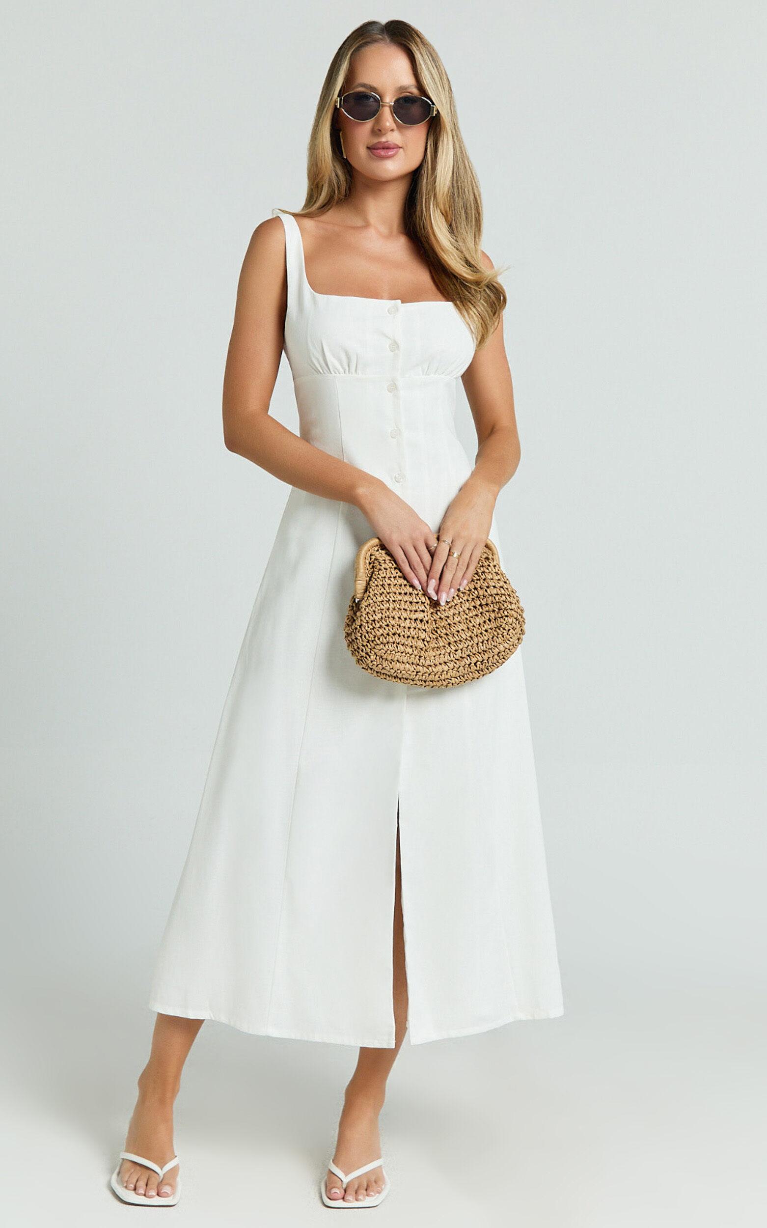 Cameron Midi Dress - Button Front Tie Back Dress in White Product Image