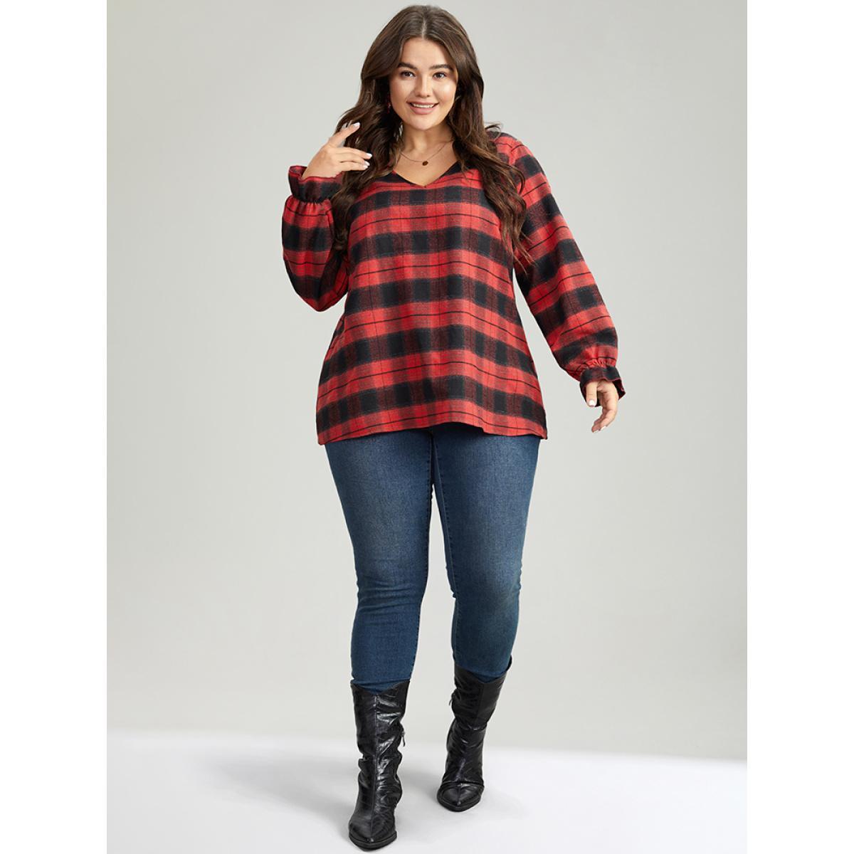 Plus Size Scarlet Plaid V Neck Lantern Sleeve Ruffles Blouse Women Elegant Long Sleeve V-neck Festival-Christmas Blouses BloomChic 30/6X Product Image