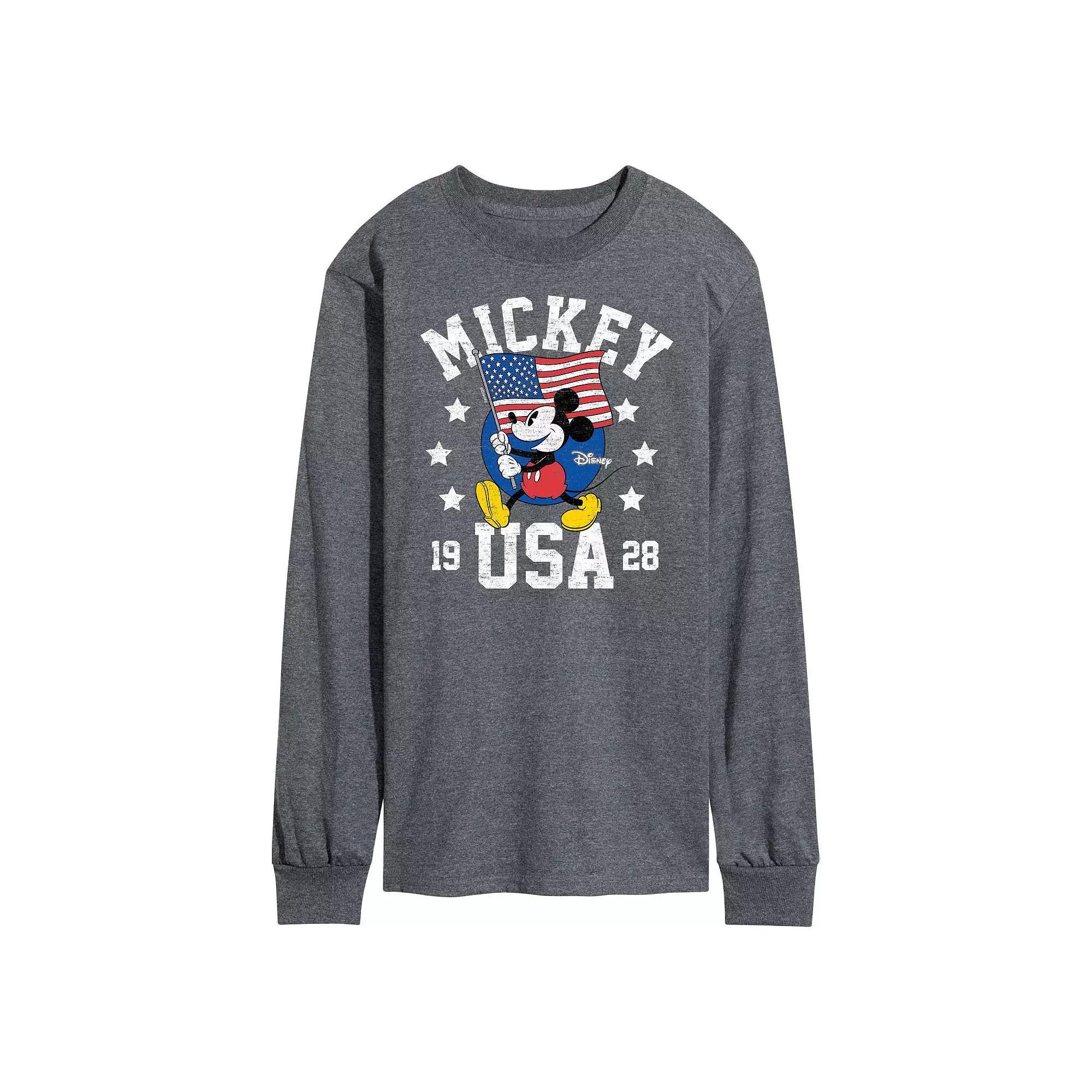 Disneys Mickey Mouse Mens Waving Flag USA Long Sleeve Grey Product Image