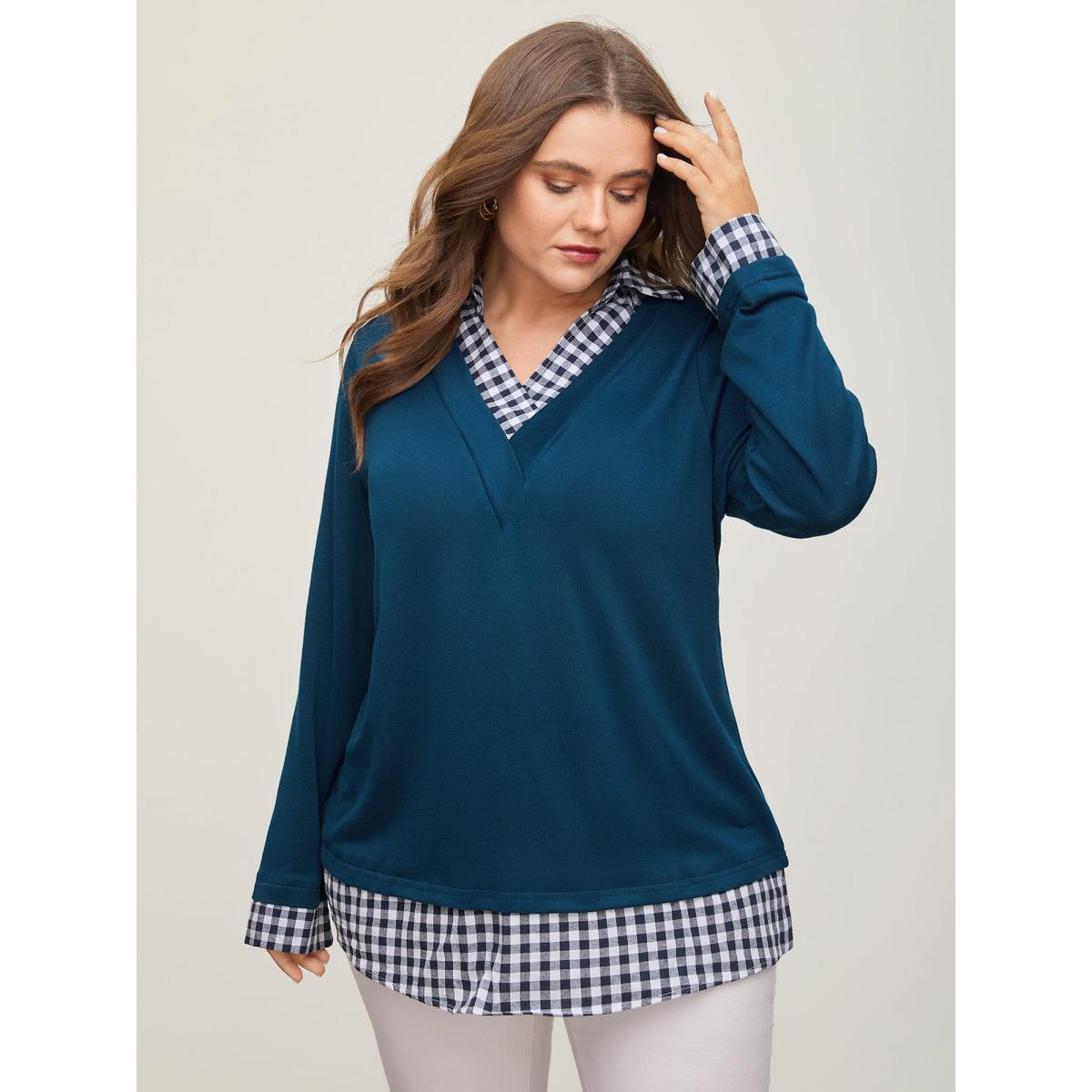 Plus Size Gingham Patchwork Shirt Collar Arc Hem Sweatshirt Women Blue Casual Patchwork V-neck Everyday Sweatshirts BloomChic 14-16/1X Product Image