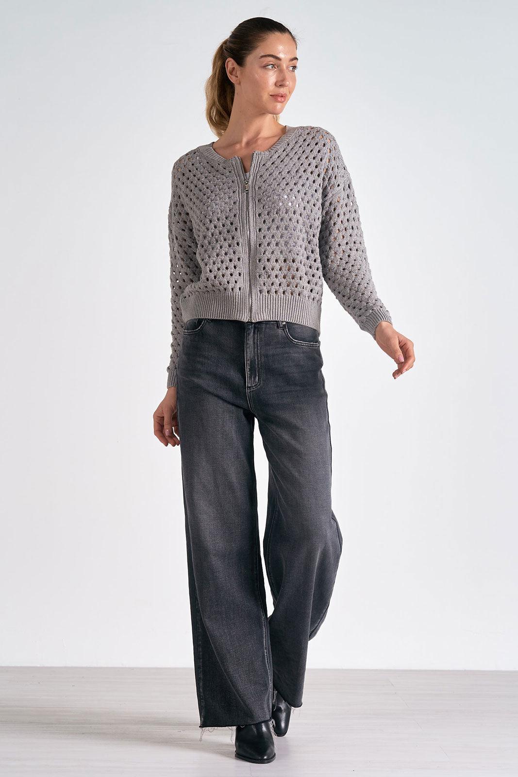 Crochet Zip-Up Cardigan Sweater Product Image