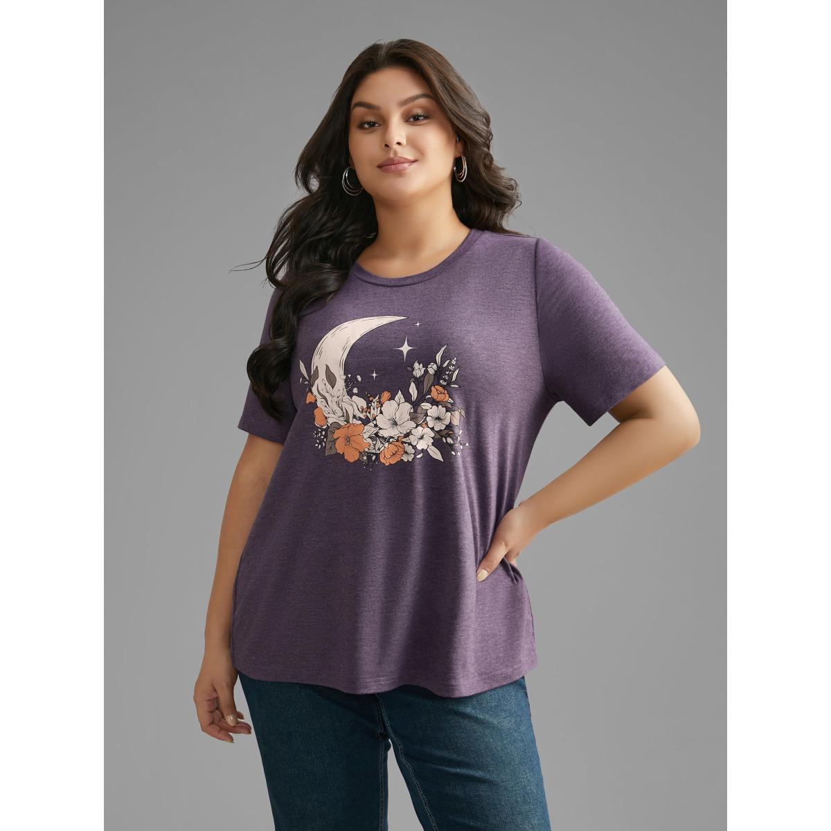 Plus Size Round Neck Moon & Floral Print T-shirt Eggplant Women Casual Non Natural Flowers Round Neck Everyday T-shirts BloomChic 18-20/2X Product Image