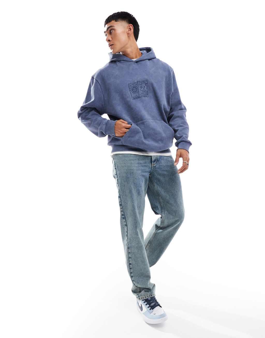 ASOS DESIGN boxy oversized hoodie with embroidery in vintage indigo wash Product Image