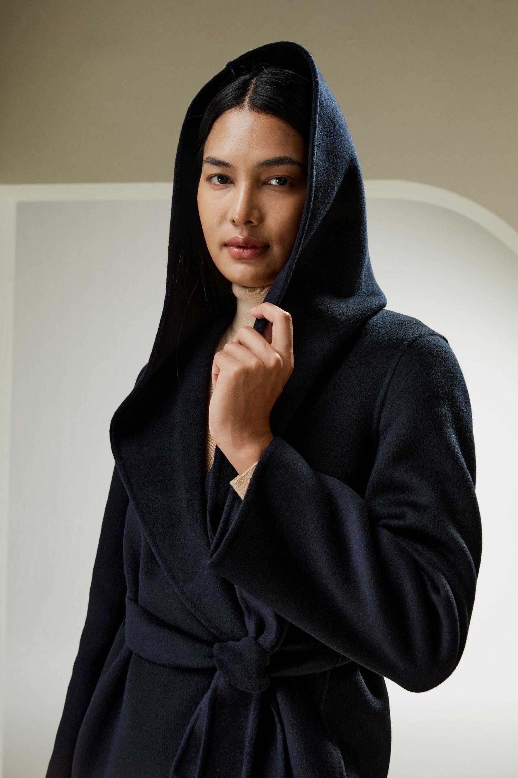 Cashmere-Wool-Blend Belted Short Hooded Coat Product Image