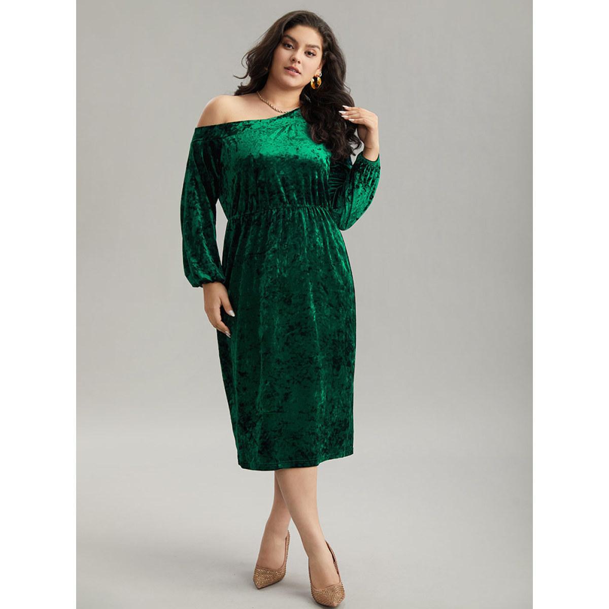 Plus Size Solid Velvet One Shoulder Elastic Waist Dress Cyan Women Glamour Elastic cuffs One Shoulder Long Sleeve Curvy Midi Dress BloomChic 28/5X Product Image