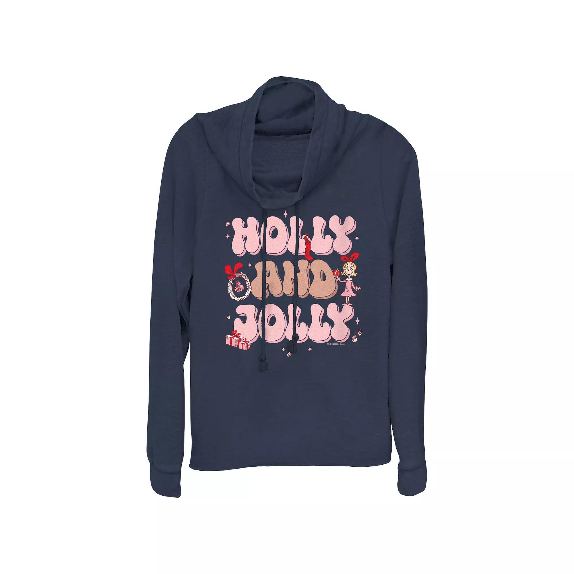 Womens Dr. Seuss Cindy-Lou Who Holly And Jolly Cowlneck Graphic Lightweight Long Sleeve Blue Product Image