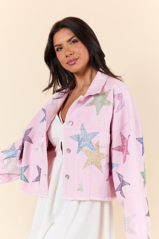 Shine Bright Light Pink Embellished Star Denim Jacket FINAL SALE Product Image