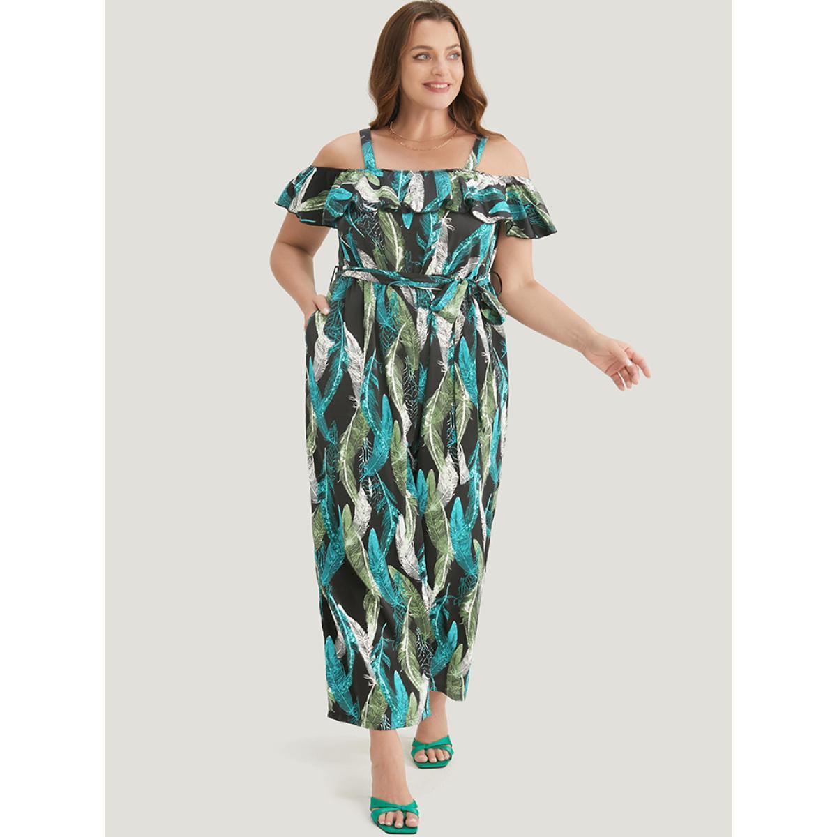 Plus Size Black Tropical Cold Shoulder Pocket Belted Ruffle Trim Jumpsuit Women Vacation Short sleeve Cold Shoulder Dailywear Loose Jumpsuits BloomChic 28/5X Product Image