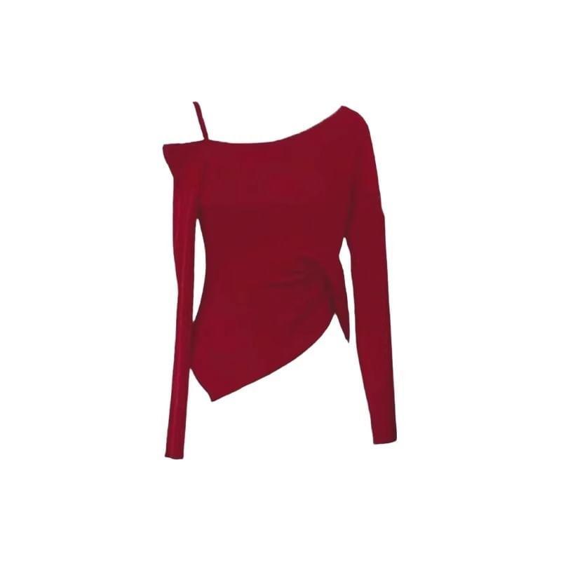 Long-Sleeve Cold-Shoulder Plain Asymmetrical Knit Top Product Image