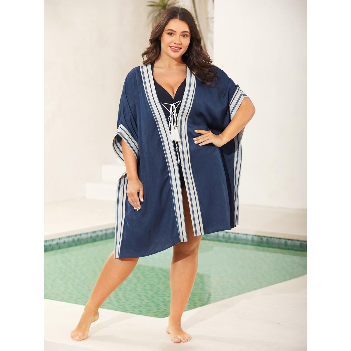 Plus Size Striped Hem Tassel Solid Kimono Women Indigo Tassels Loose Vacation Kimonos BloomChic 30/6X Product Image