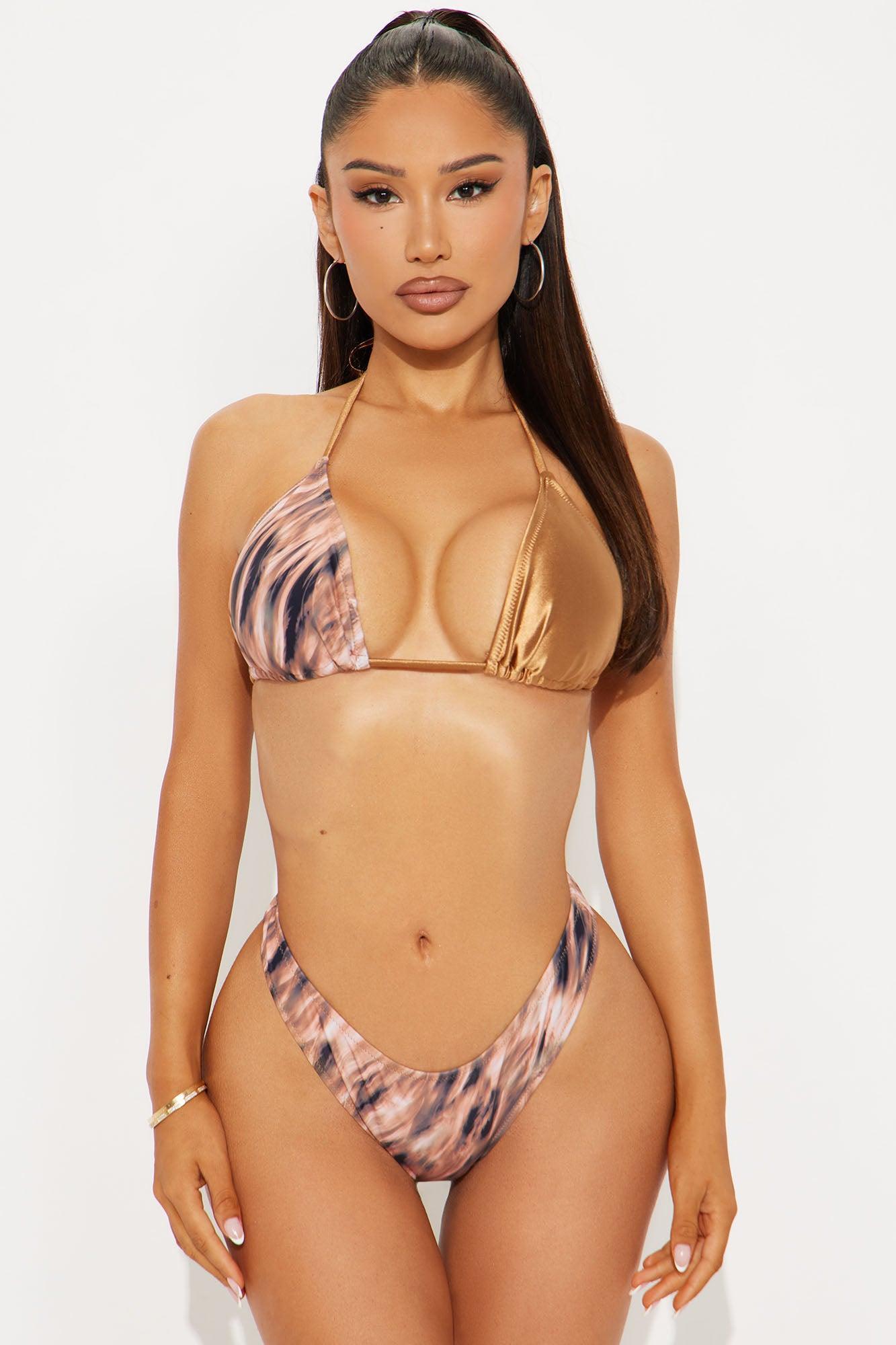 Dubai Dreaming Metallic Print 4 Piece Bikini & Cover Up Skirt Set - Brown/combo Product Image