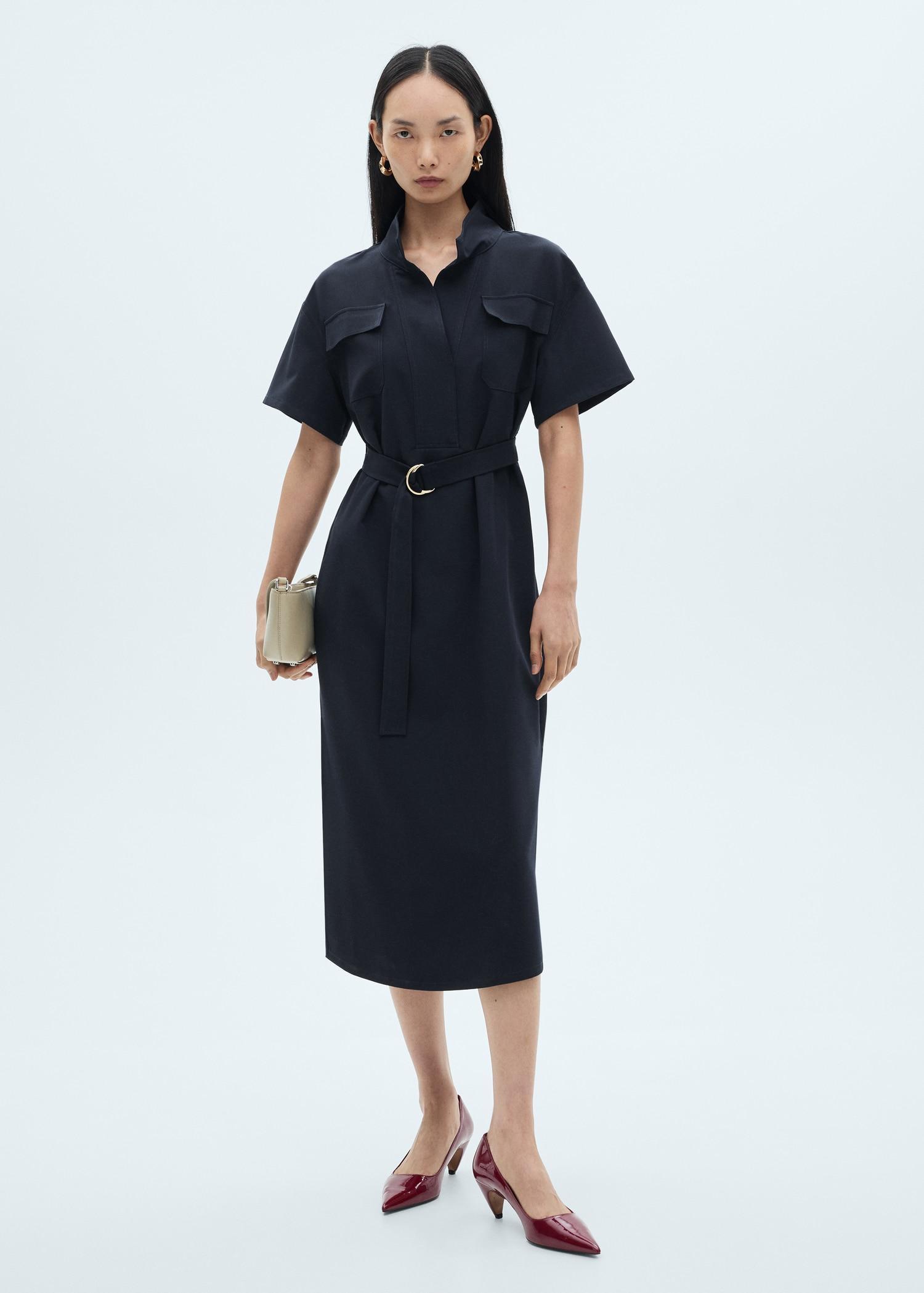 Short-sleeved dress with belt - Women | MANGO USA Product Image
