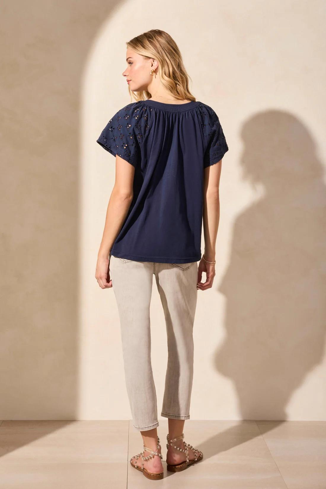 Embroidered Eyelet Short-Sleeve Notch Neck Top Product Image