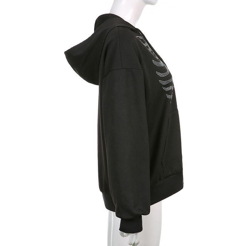 Oversized Rhinestone Ribcage Motif Zip Hoodie Product Image