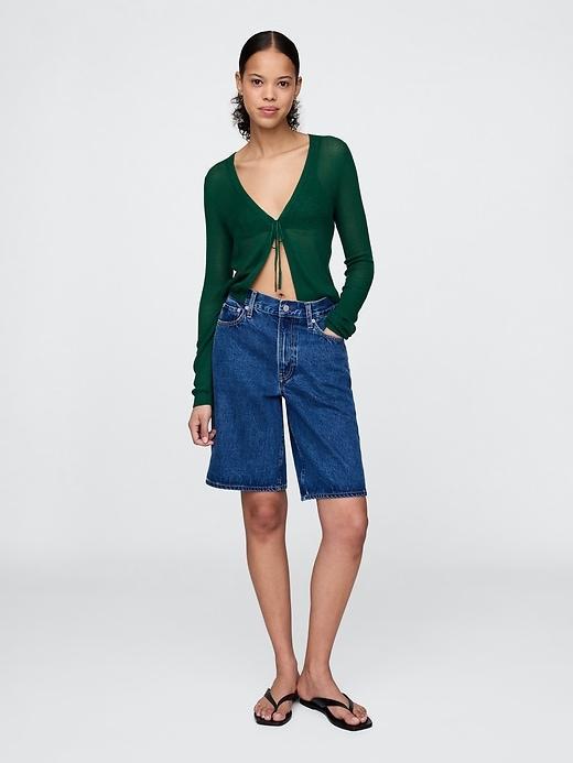 Sheer Rib Cropped Tie-Front Cardigan Product Image