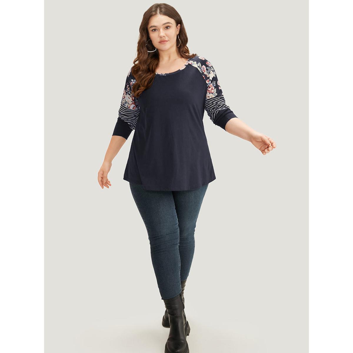 Plus Size Floral Striped Patchwork Crew Neck Raglan Sleeve T-shirt Midnight Women Casual Contrast Striped Round Neck Dailywear T-shirts BloomChic 28/5X Product Image