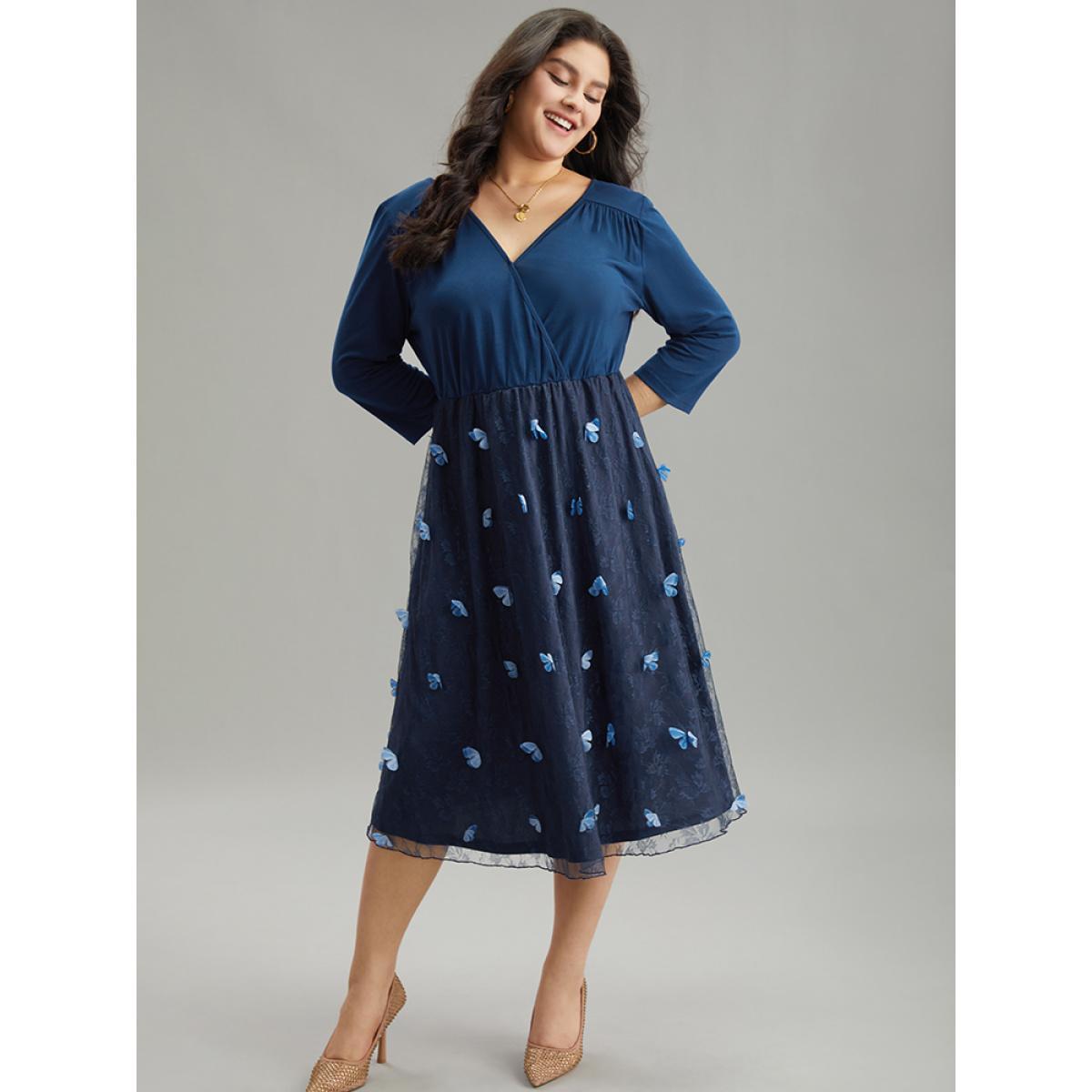 Plus Size Butterfly Patchwork Overlap Collar Mesh Dress DarkBlue Women Elegant Lined Overlap Collar Elbow-length sleeve Curvy Midi Dress BloomChic 26/4X Product Image