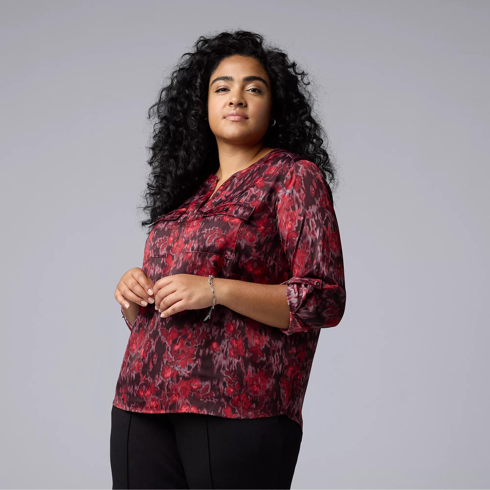 Plus Size Simply Vera Vera Wang 3/4 Roll Tab Sleeve Blouse, Womens Product Image