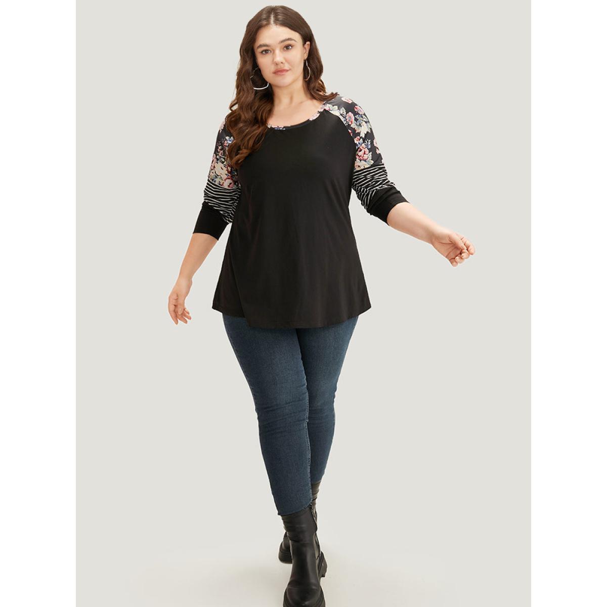 Plus Size Floral Striped Patchwork Crew Neck Raglan Sleeve T-shirt Black Women Casual Contrast Striped Round Neck Dailywear T-shirts BloomChic 12/L Product Image