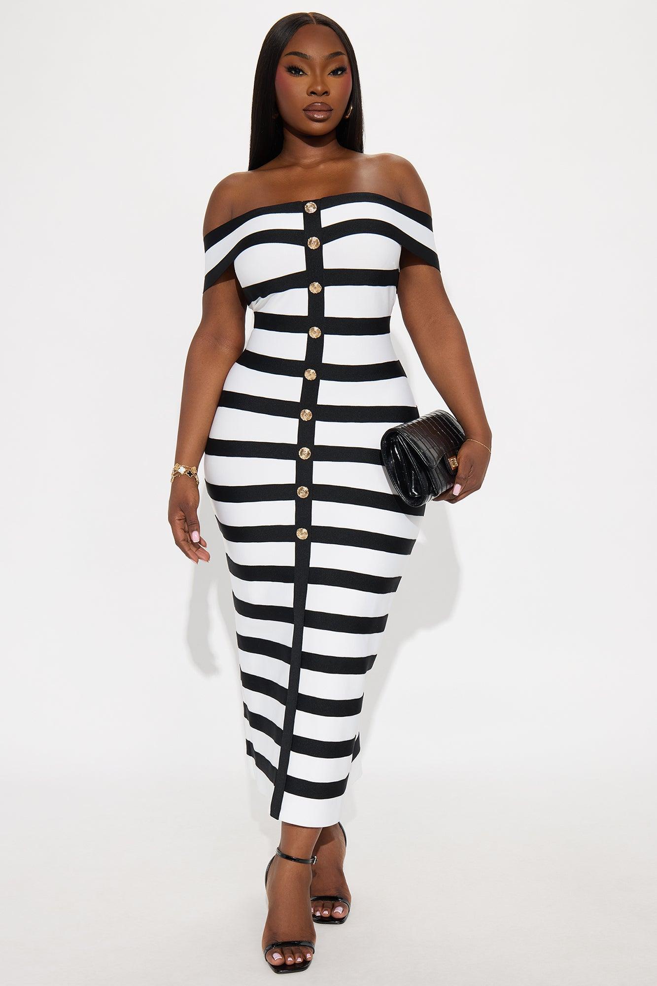 Zaria Striped Bandage Midi Dress - Black/White Female Product Image