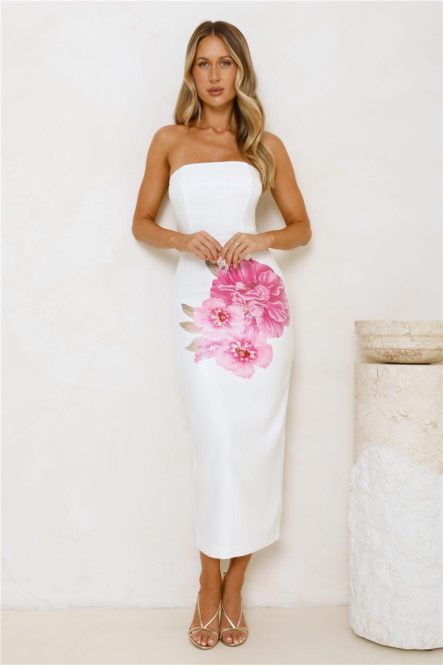 Floral Sparkle Strapless Midi Dress White Product Image