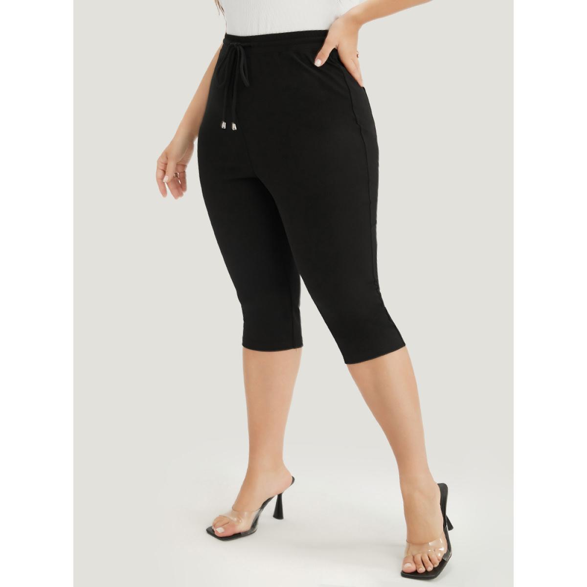 Plus Size Drawstring Elastic Waist Pocket Skinny Leggings Women Black Elegant High stretch Skinny Mid Rise Dailywear Leggings BloomChic 10/M Product Image