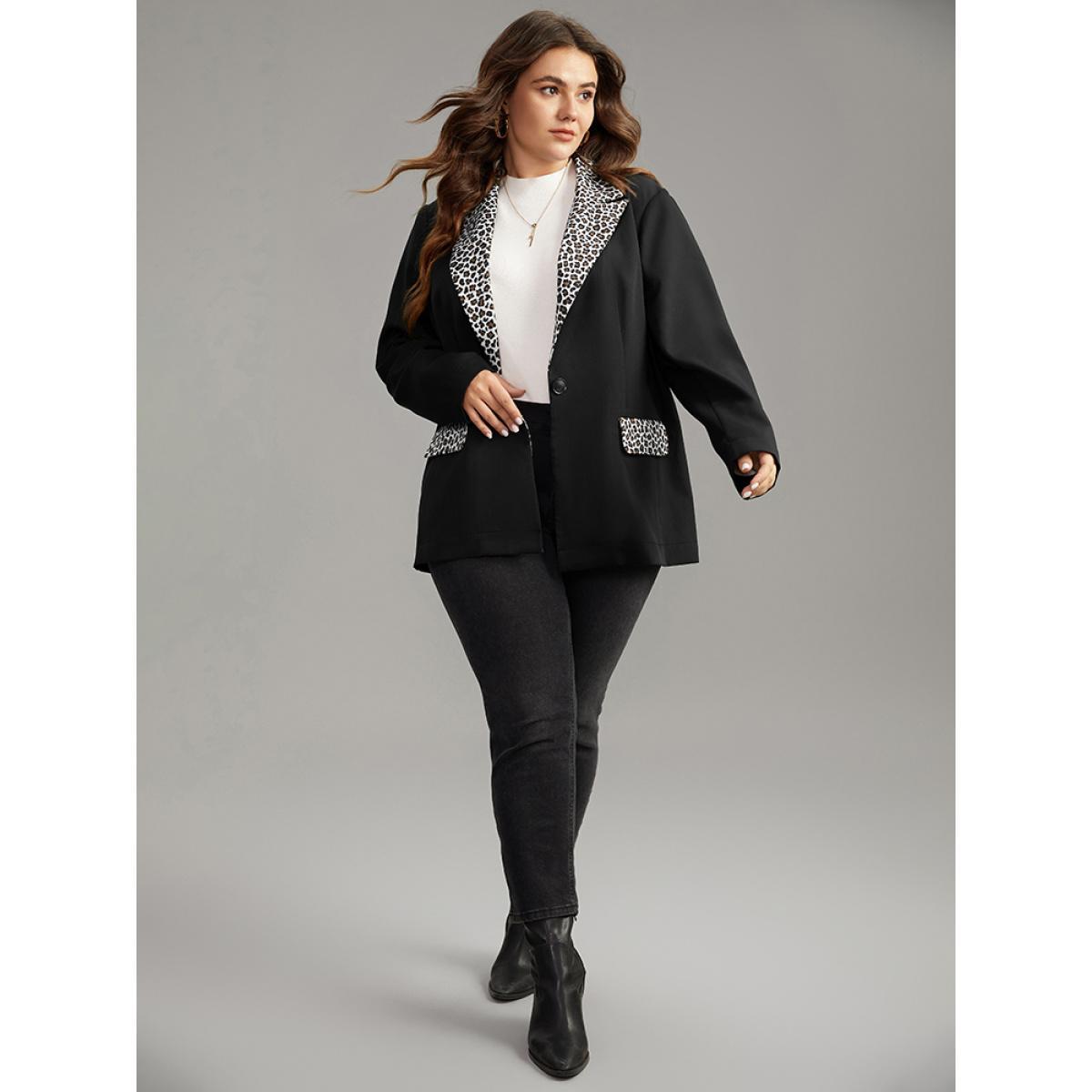 Plus Size Leopard Patchwork Contrast Blazer Black Women Work Leopard Contrast Sleeve Long Sleeve Suit Collar 28/5X Pocket At the Office Blazers BloomChic Product Image