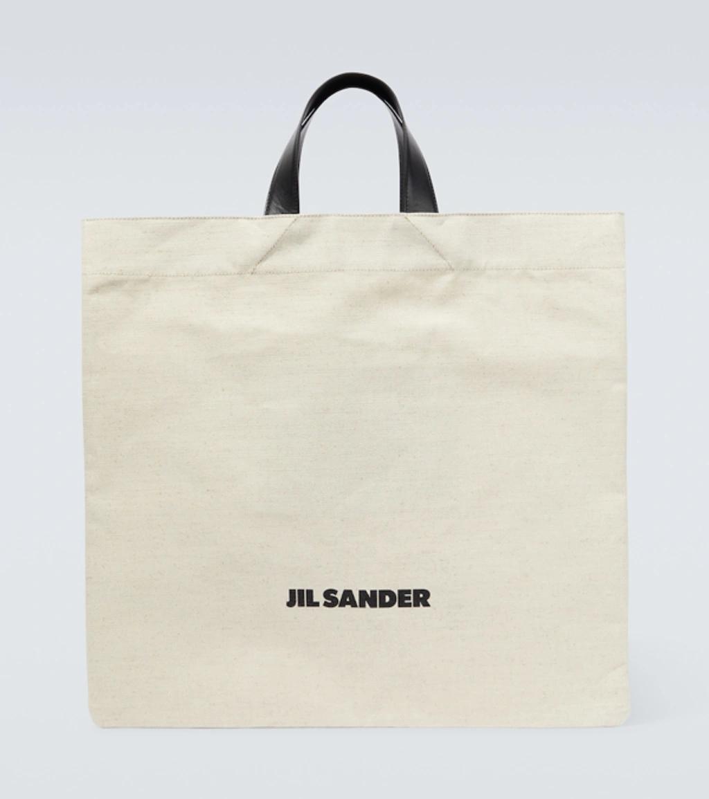 JIL SANDER Large Leather-trimmed Logo-print Canvas Tote Bag In Ecru Product Image