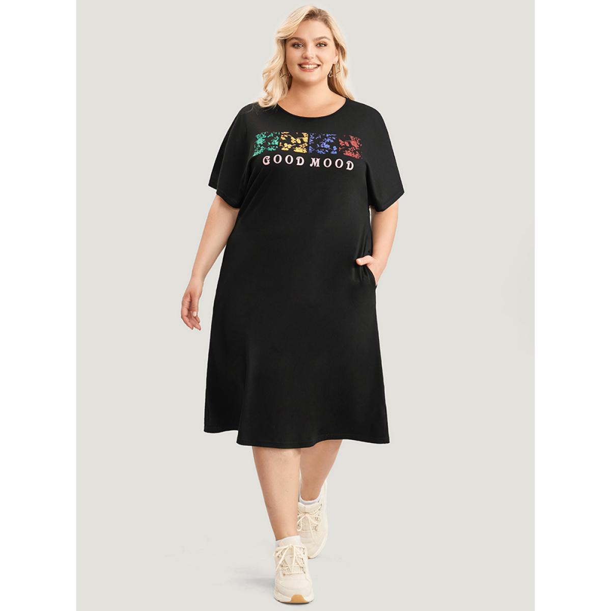 Plus Size Graphic & Letter Print Dolman Sleeve Pocket Cold Shoulder Tee Dress Black Women Casual Printed Curvy Knee Dress BloomChic 30/6X Product Image