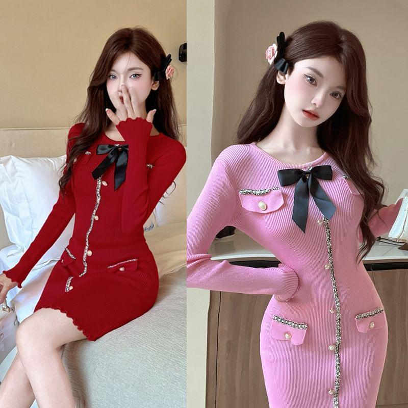 Long-Sleeve Crewneck Button-Up Knit Mini Bodycon Dress Product Image