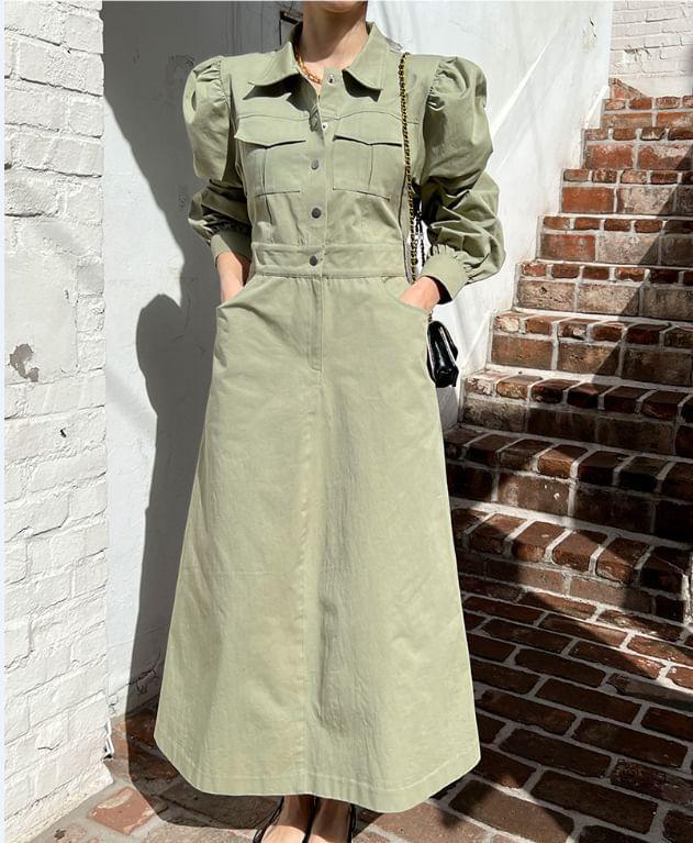Long-Sleeve Collared Plain Midi A-Line Dress Product Image