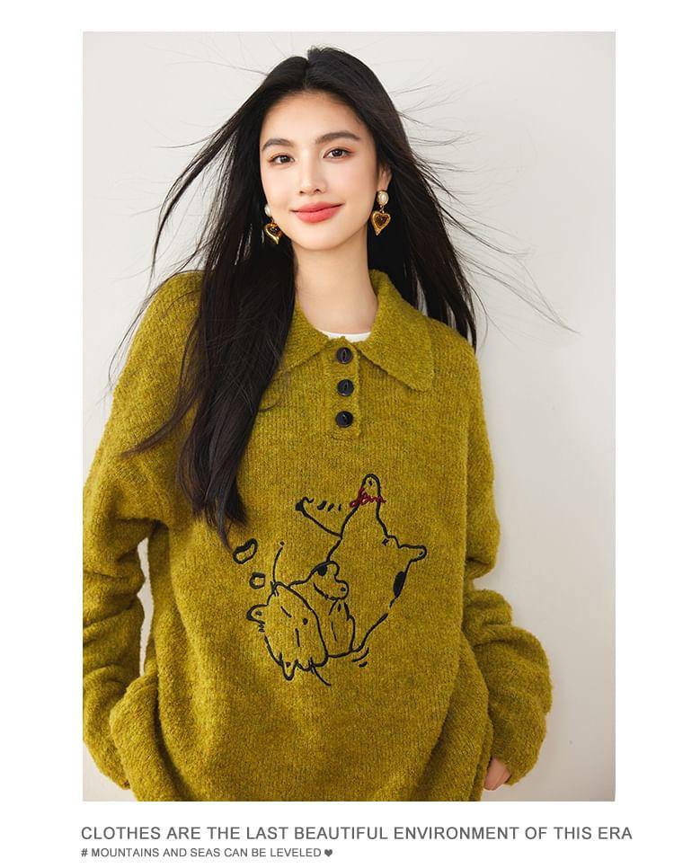 Long-Sleeve Cat Embroidery Knit Polo Shirt Product Image
