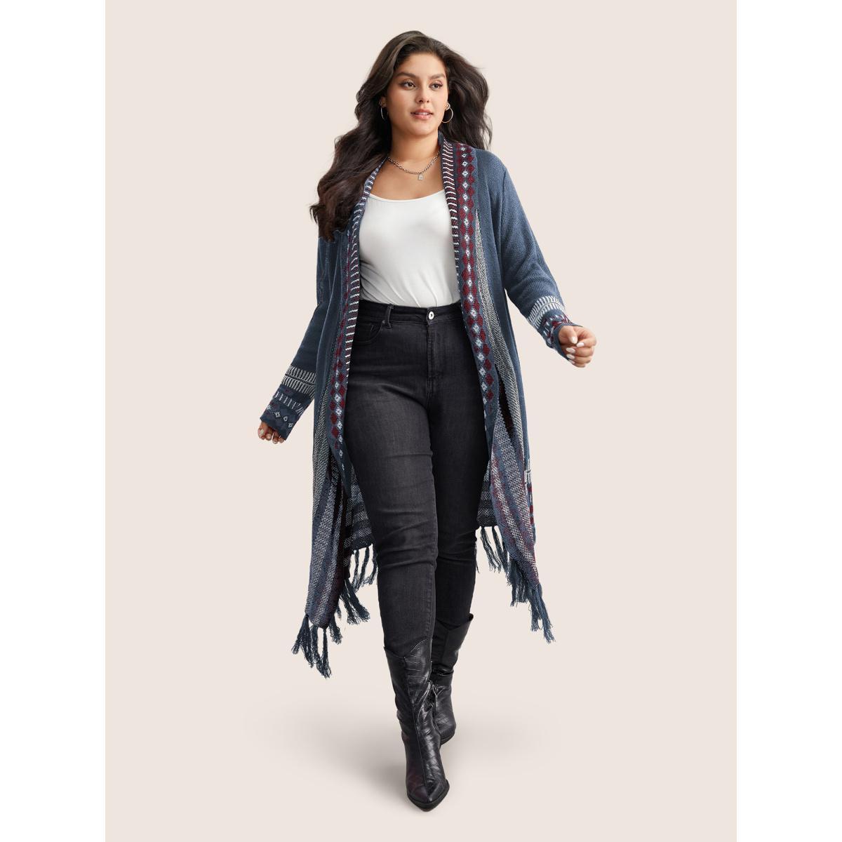 Plus Size Bandana Print Fringe Trim Maxi Cardigan Stone Women Casual Long Sleeve Everyday Cardigans BloomChic 14-16/1X Product Image