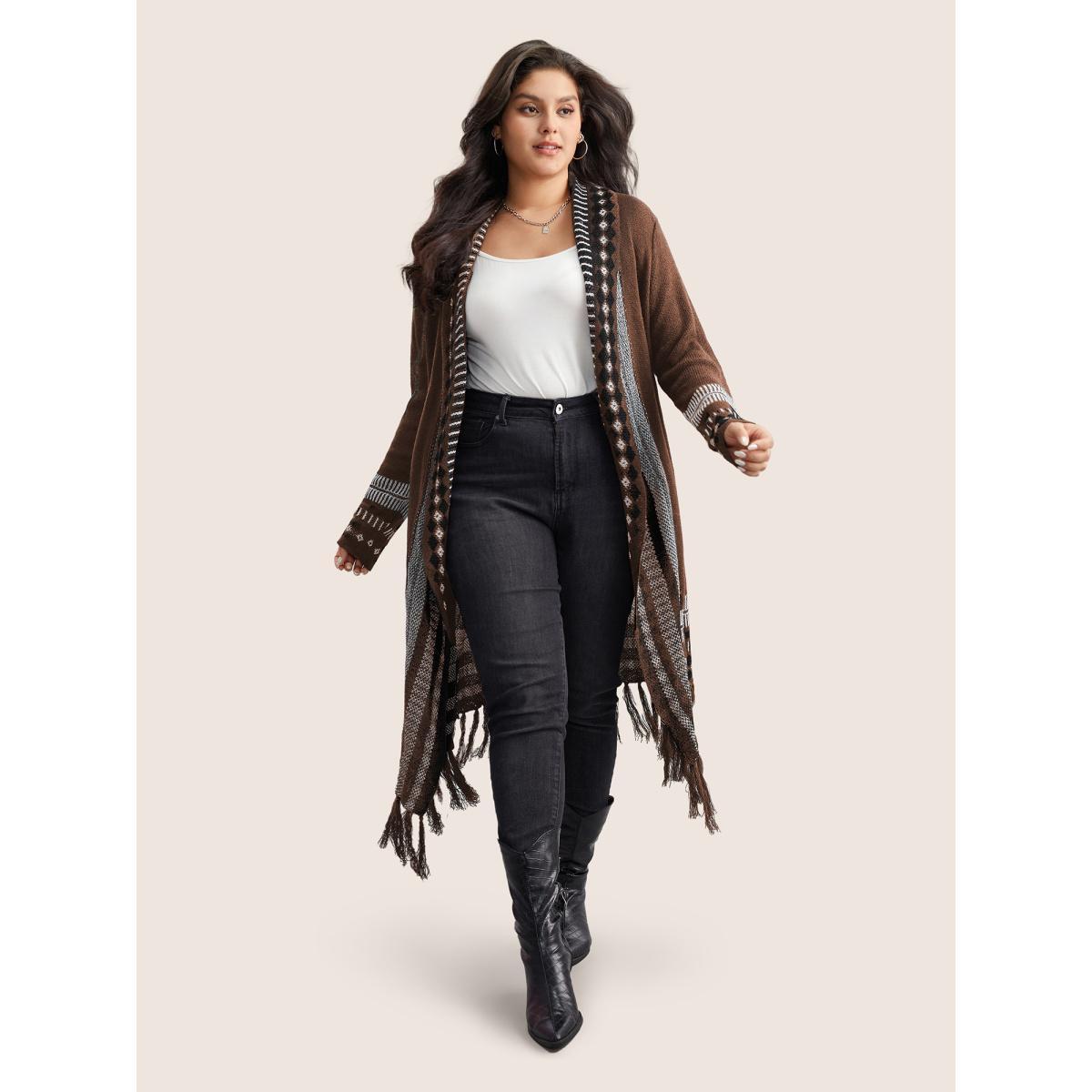 Plus Size Bandana Print Fringe Trim Maxi Cardigan Stone Women Casual Long Sleeve Everyday Cardigans BloomChic 14-16/1X Product Image