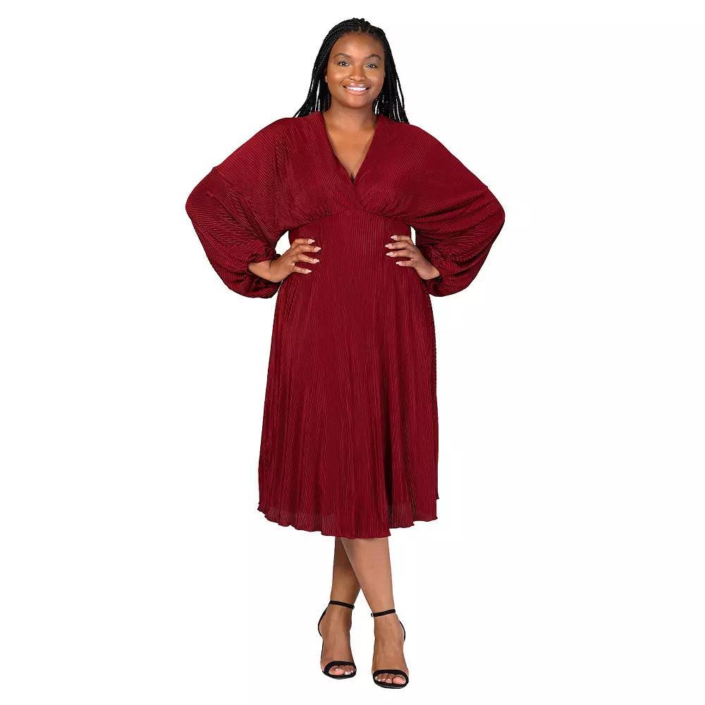 Plus Size 24Seven Comfort Apparel Shimmer Pleated V Neck Empire Waist Bishop Sleeve Midi Dress, Women's, Size: 3XL, Black Product Image