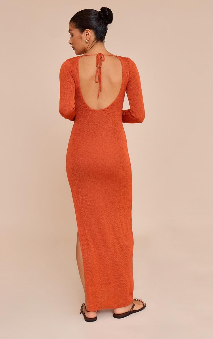 Petite Burnt Orange Open Tie Back Long Sleeve Knitted Maxi Dress Product Image