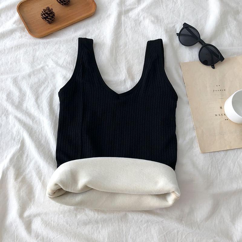 V-Neck Plain Ribbed Fleece-Lined Slim Fit Tank Top Product Image