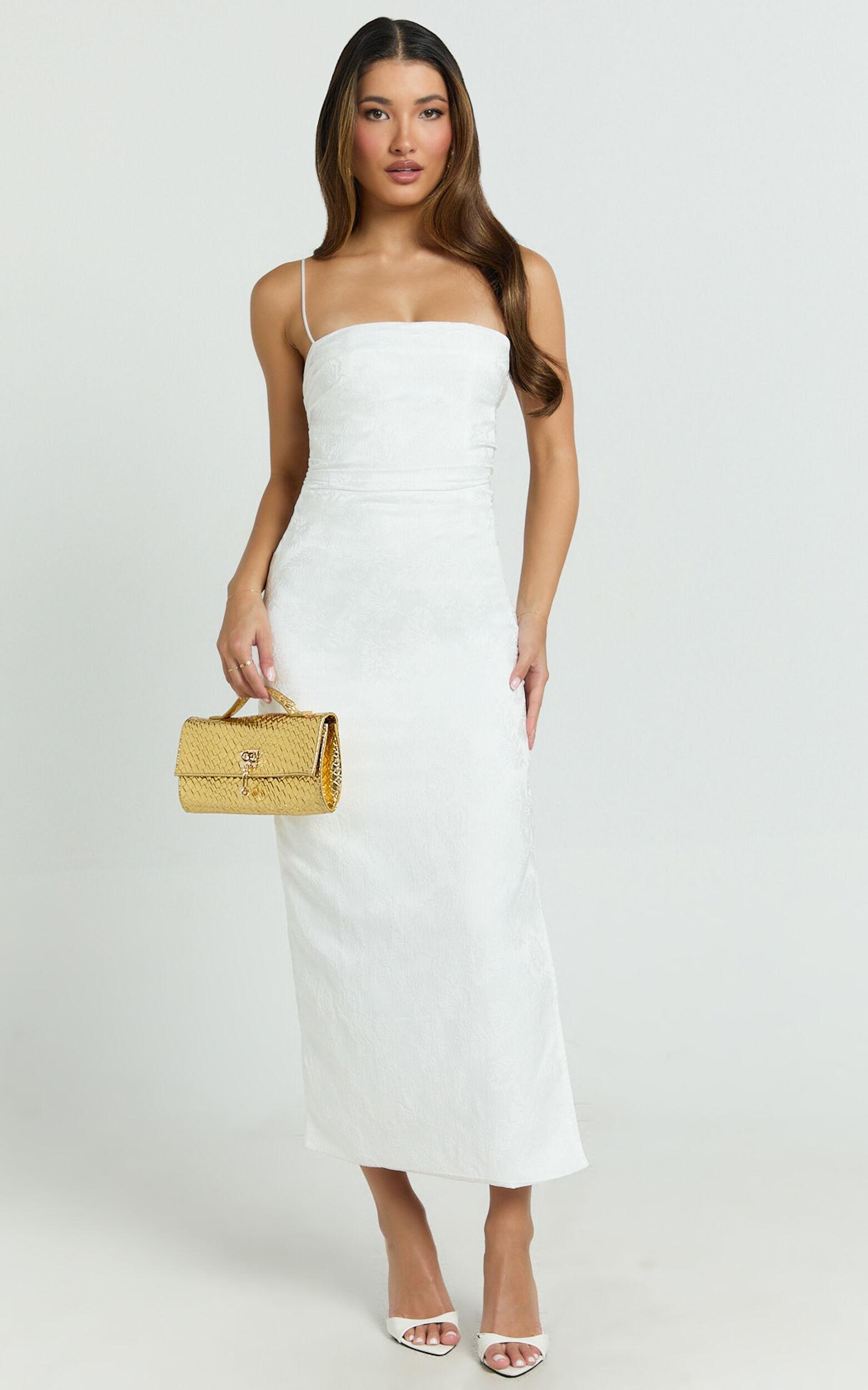 Indiana Midi Dress - Jacquard Square Neck Lace Back Fitted Dress in White Product Image