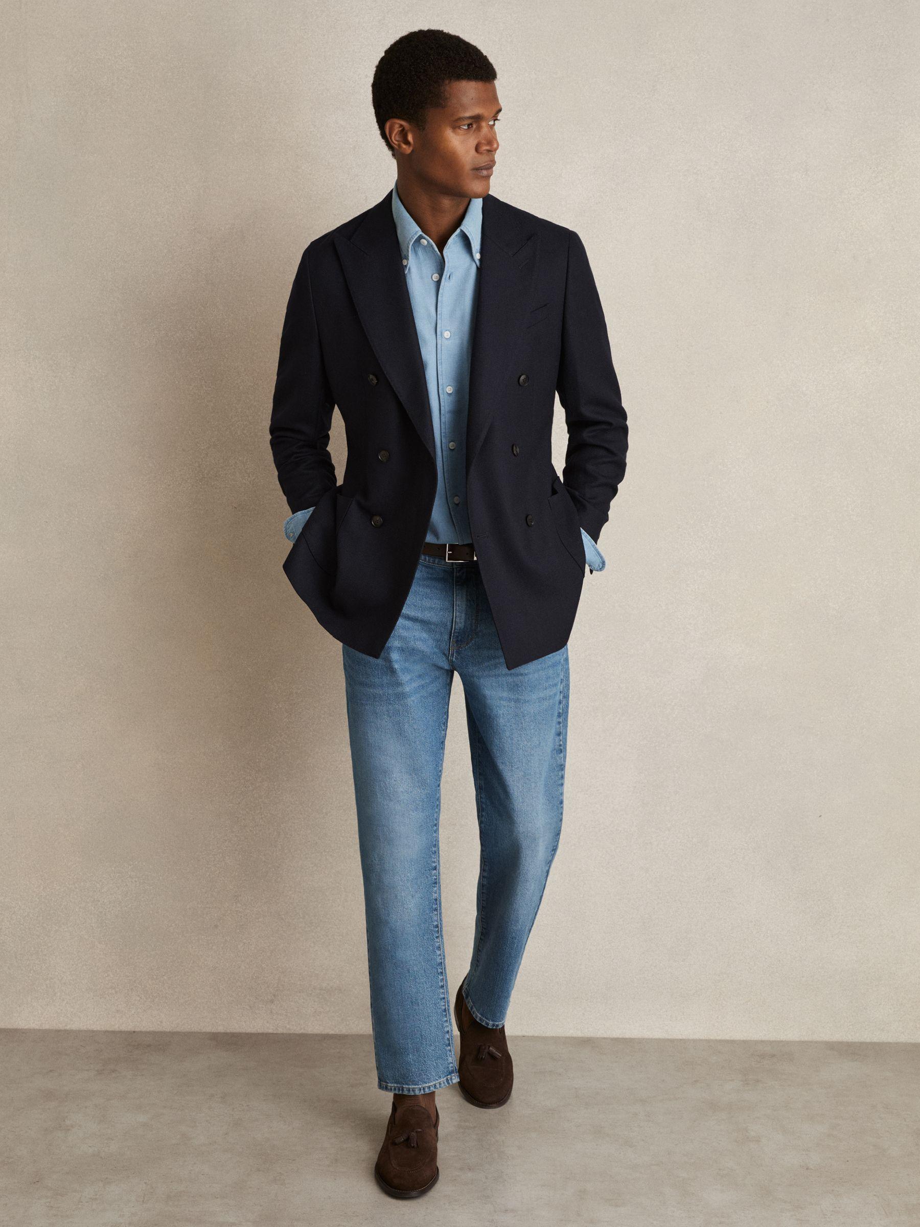 Cotton-Piqué Button-Down Chambray Shirt in Washed Blue Product Image