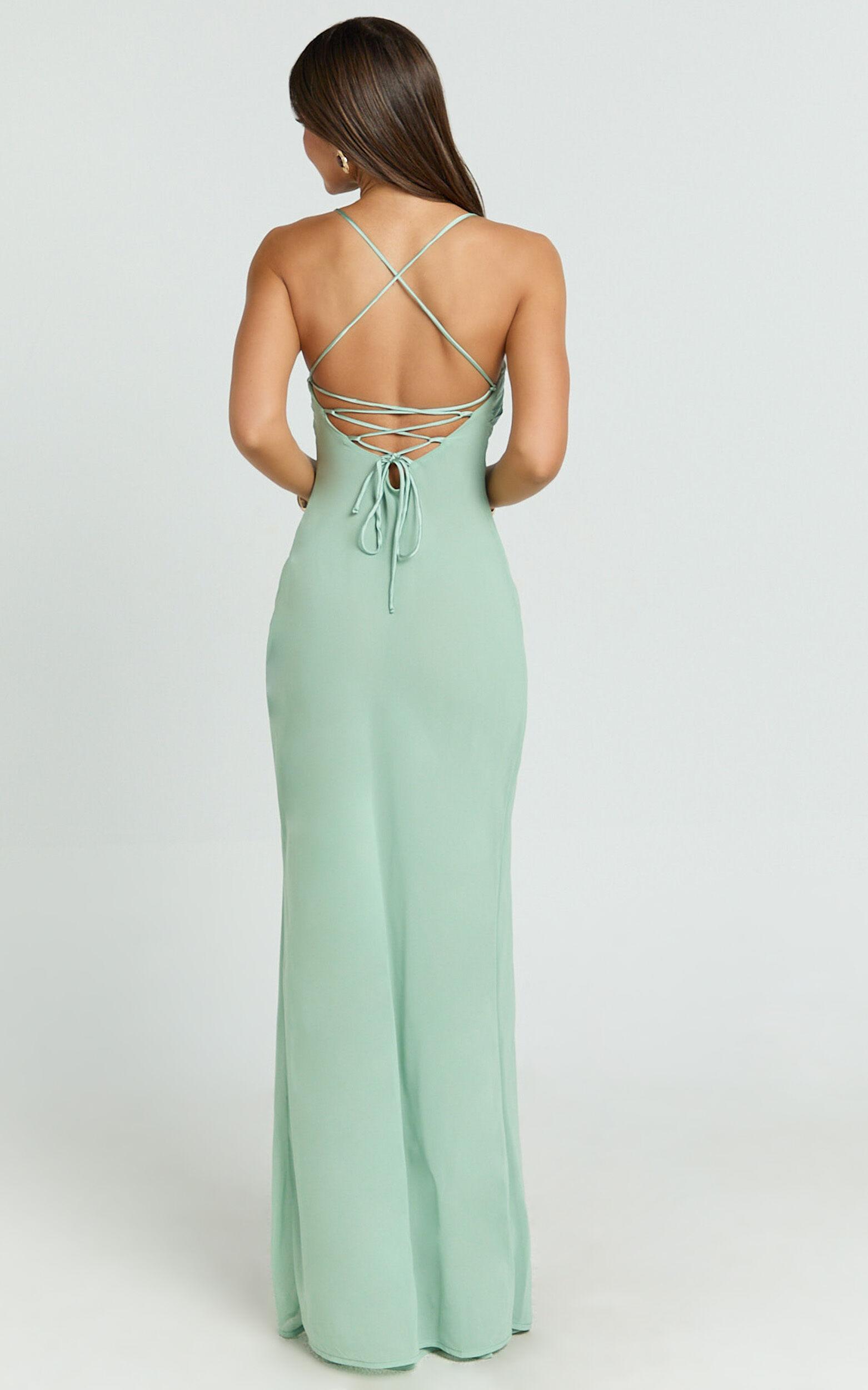 Sonya Maxi Dress - Cowl Neck Asymmetric Fit And Flare Dress in Sage Product Image
