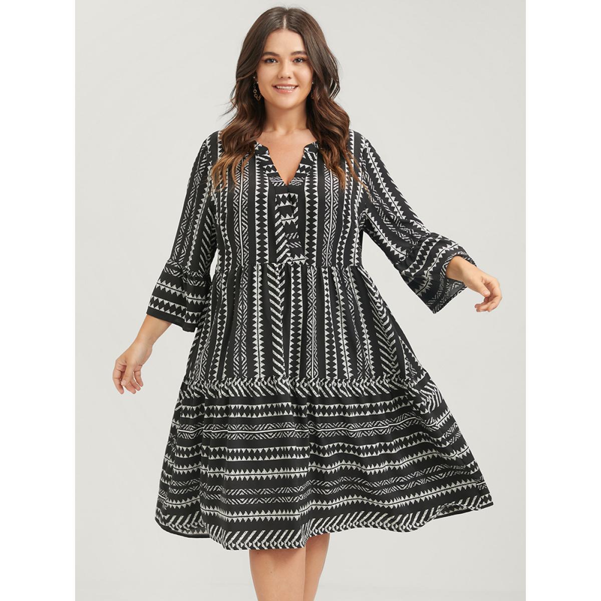 Plus Size Bloom Dress -Geometric Pocket Ruffles V Neck Knee Dress Black Women Vacation Pocket V-neck Elbow-length sleeve Curvy Knee Dress BloomChic 30/6X Product Image