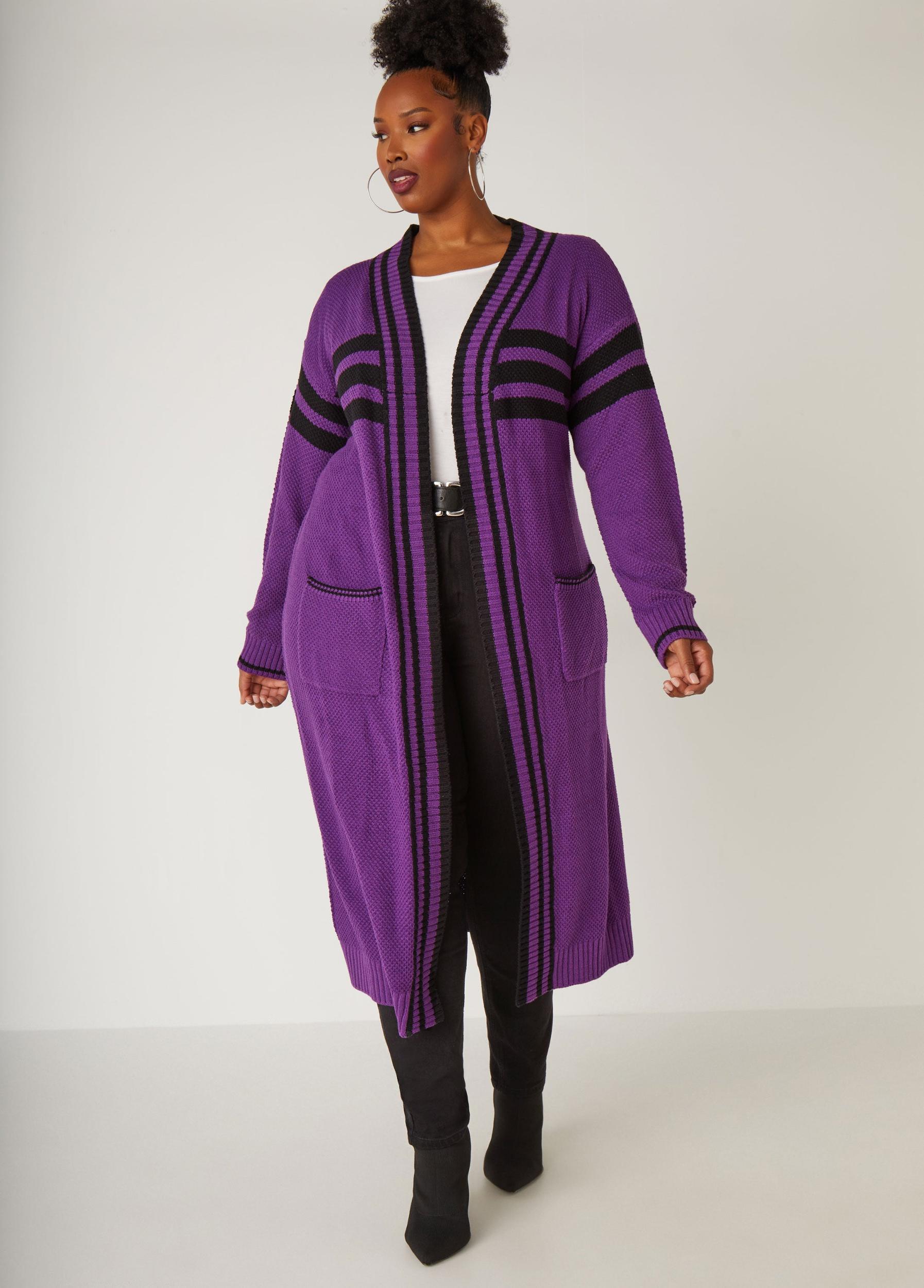 Plus Size Open Front Striped Cardigan, - Ashley Stewart Product Image