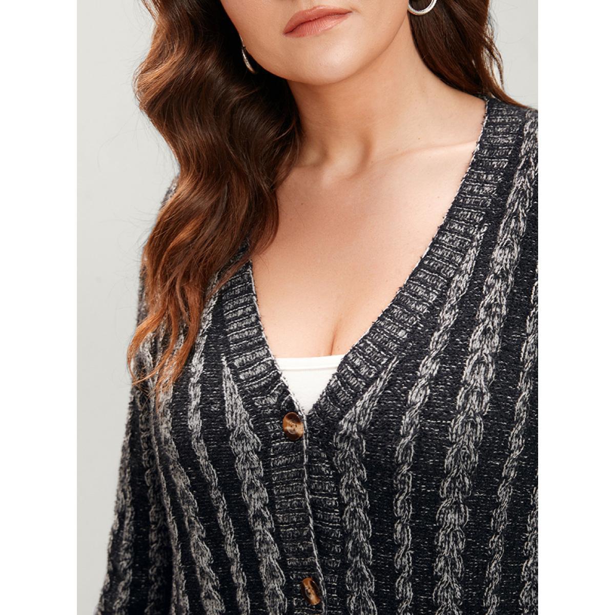 Plus Size Striped Contrast Pointelle Knit Pocket Button Front Heather Cardigan DimGray Women Casual Loose Long Sleeve Everyday Cardigans BloomChic 10/M Product Image