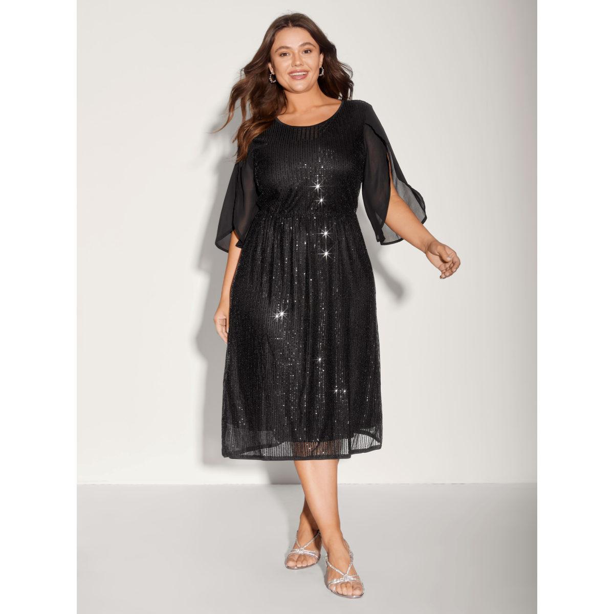 Plus Size Sequin Mesh Patchwork Petal Sleeve Dress Pureblack Women Cocktail Overlapping Party Curvy Bloomchic 14-16/1X Product Image