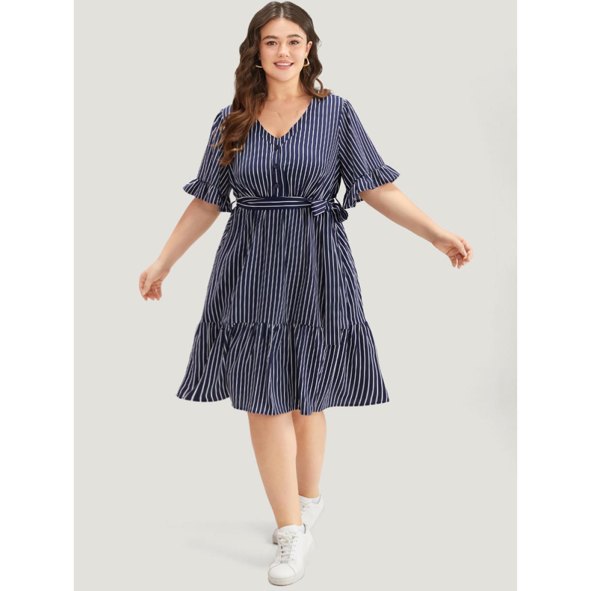 Plus Size Striped Belted Button Detail Flutter Sleeve Dress DarkBlue Women Casual Belted V-neck Short sleeve Curvy Midi Dress BloomChic 18-20/2X Product Image