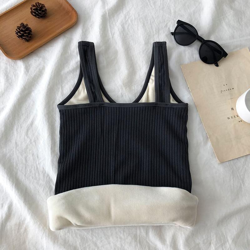 V-Neck Plain Ribbed Fleece-Lined Slim Fit Tank Top Product Image