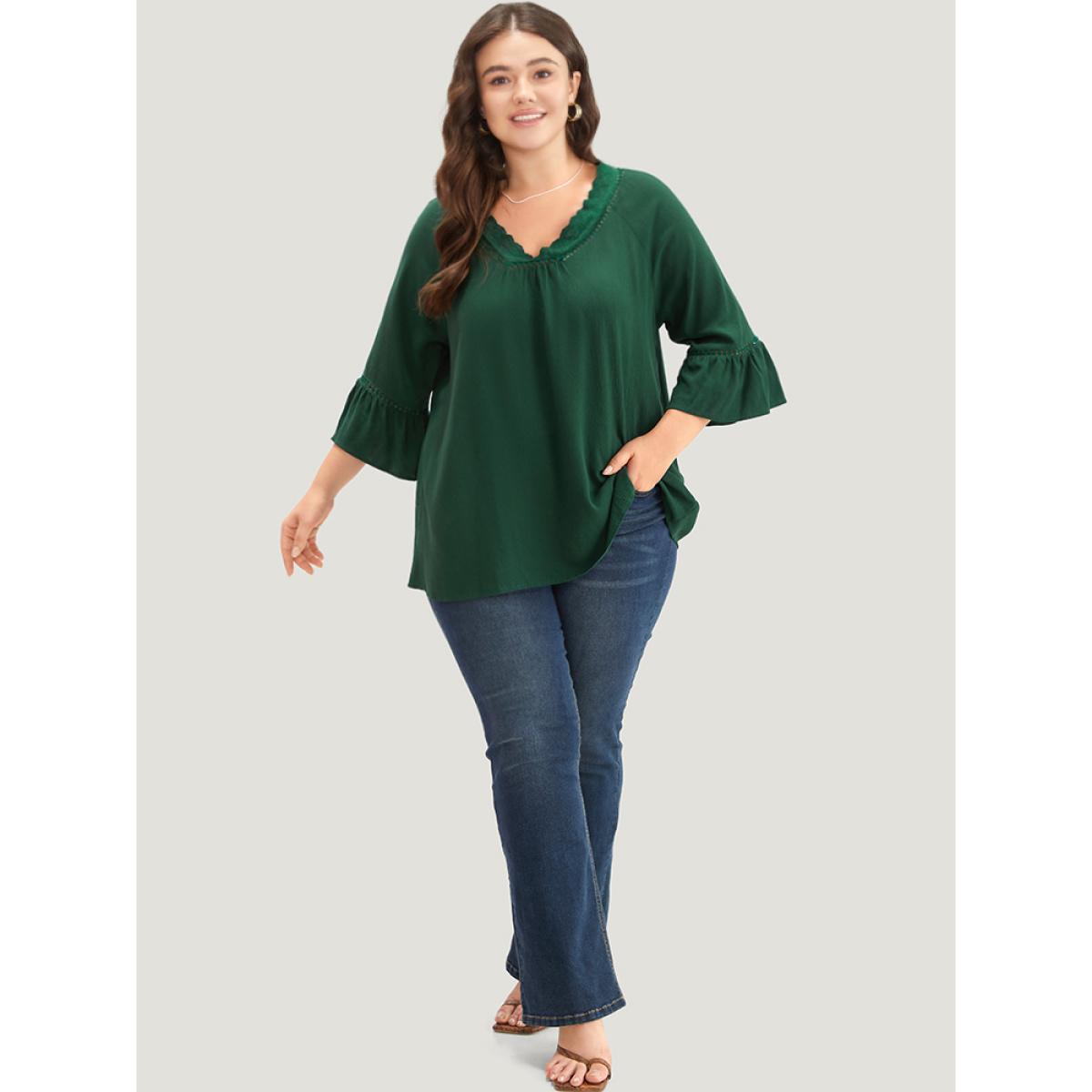 Plus Size Emerald Lace Panel Hollow Out Bell Sleeve Blouse Women Elegant Elbow-length sleeve V-neck Everyday Blouses BloomChic 28/5X Product Image