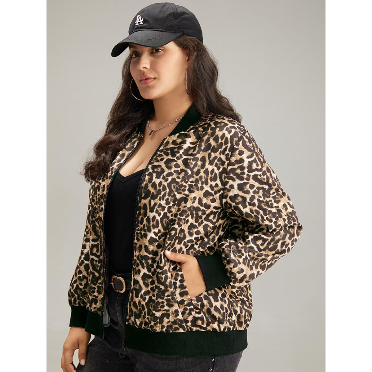 Plus Size Leopard Patchwork Zipper Pocket Jacket Women Leopard Elastic cuffs Pocket Dailywear Jackets BloomChic 30/6X Product Image