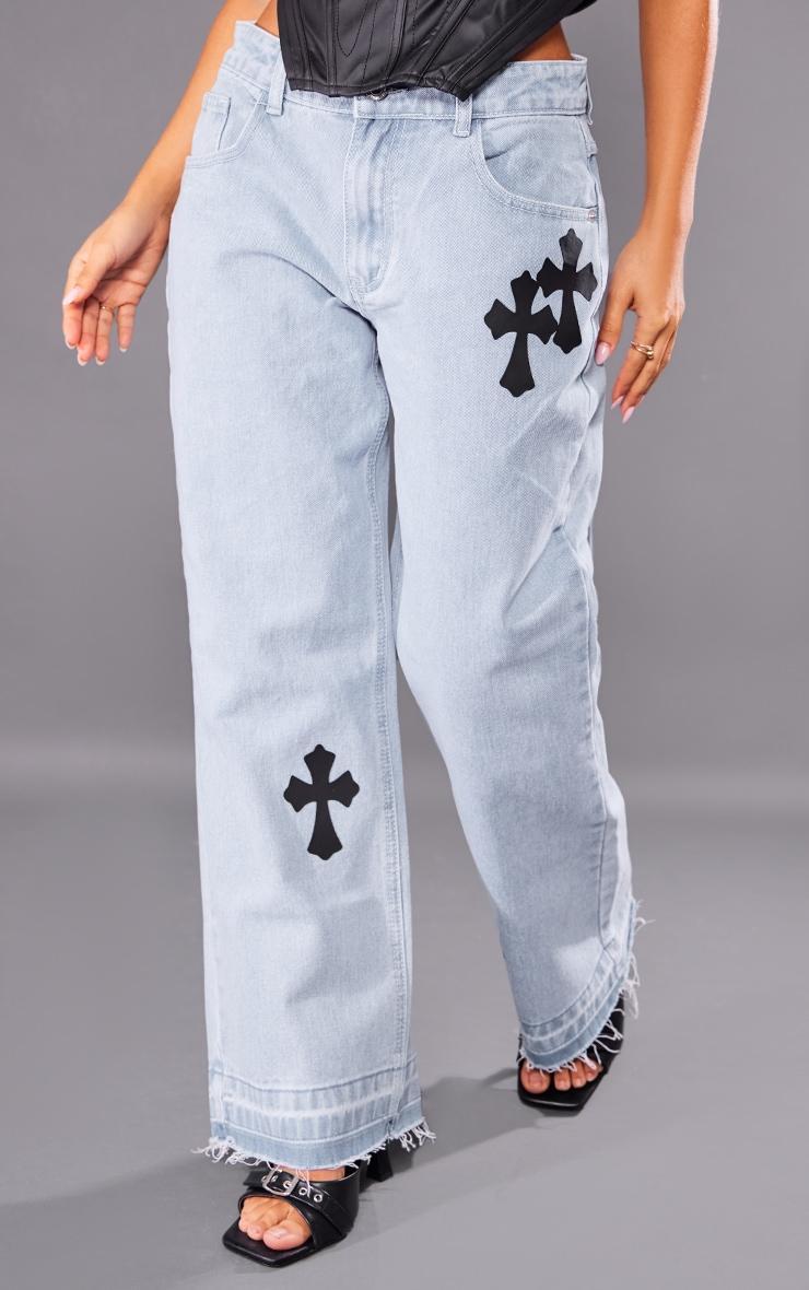 Petite Light Blue Wash Cross Applique Straight Leg Jeans Product Image